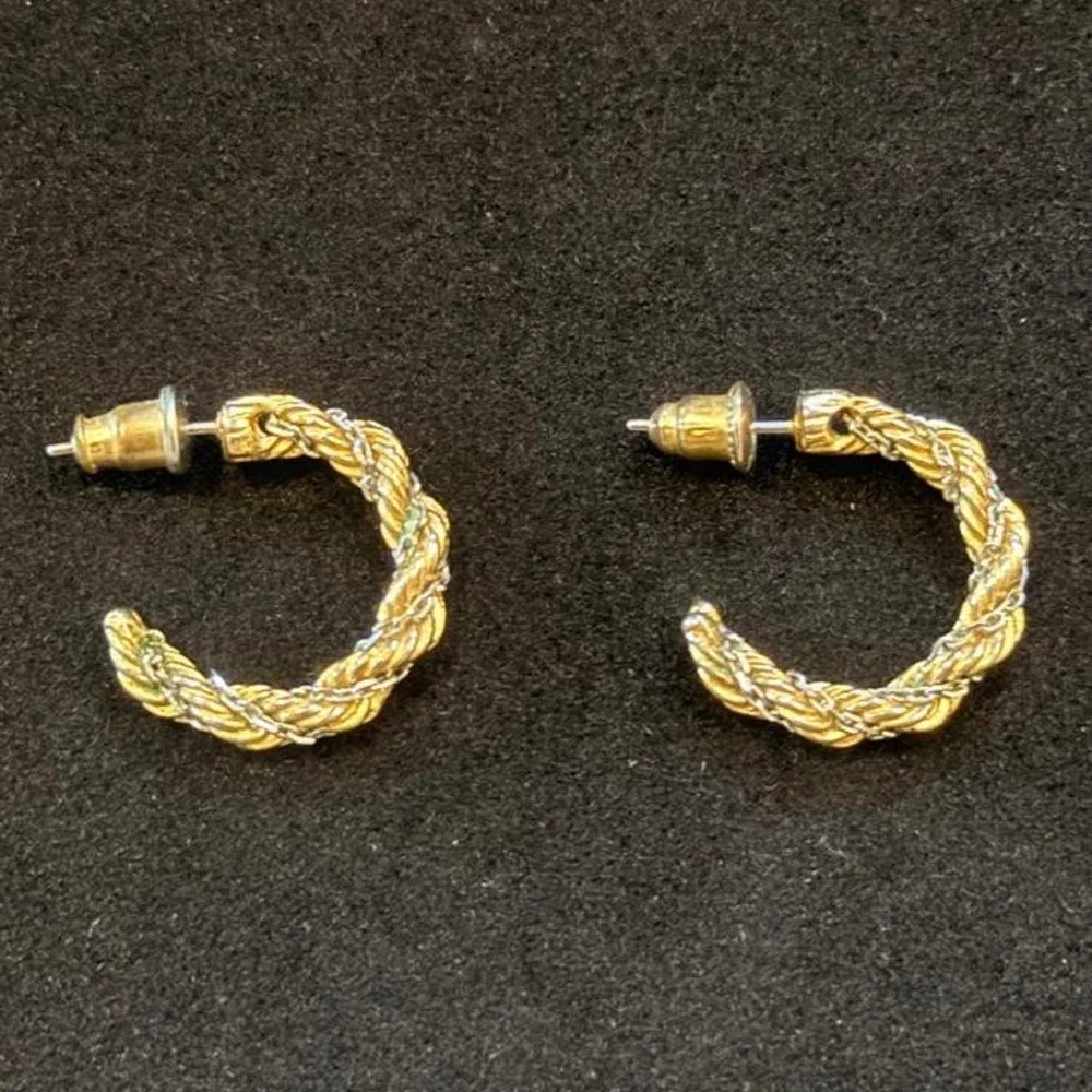 Two-tone Twisted Gold & Steel Hoop Earrings with braided texture
